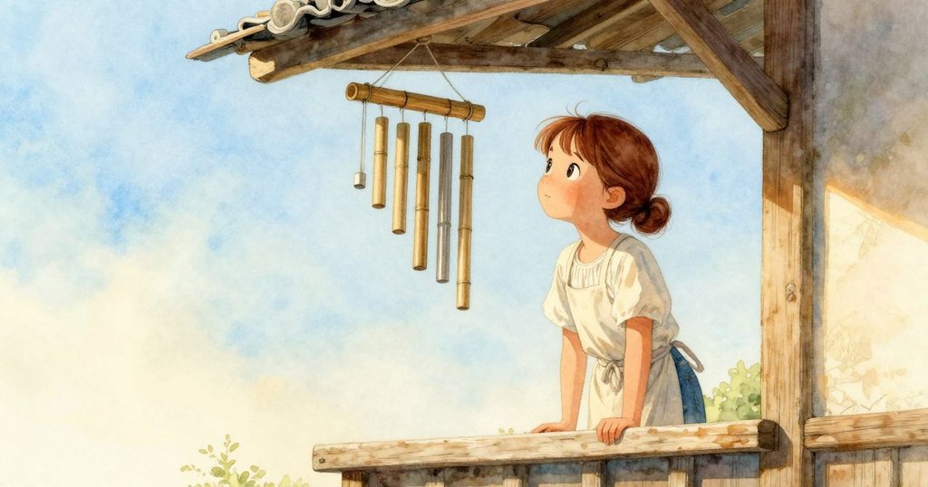 Ada從開放天窗望向戶外，竹鈴隨微風輕搖，室內外景交融，神情中隱藏著一絲神秘與期待。