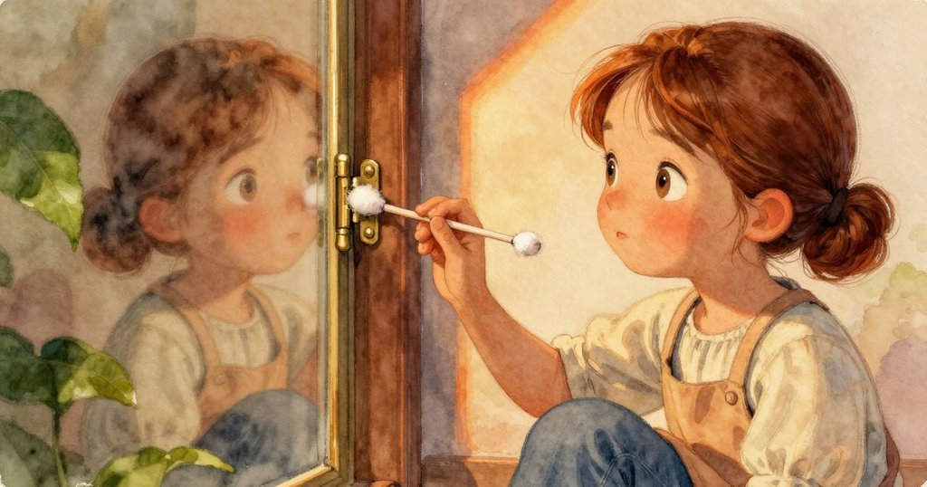 Ada在工作室內特寫中用棉棒輕觸銅鉸上亮痕，眉宇緊蹙，神情流露出內心的緊張與探究。