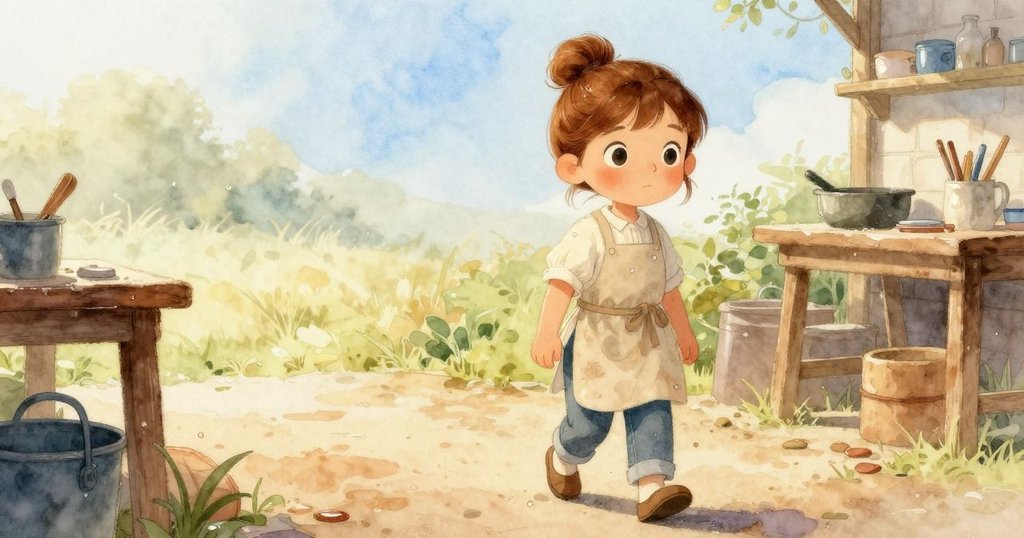 Ada離開工作室時回眸凝望，門口水珠閃爍，晨光柔和映照，流露出深深的思索與告別情懷。