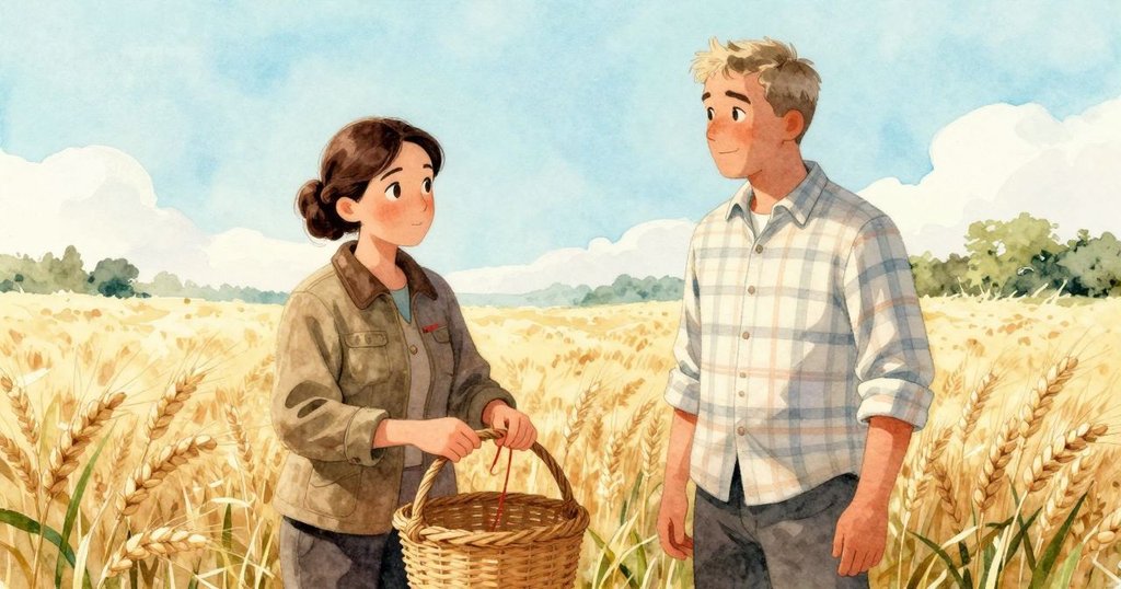 Dinah在廣闊的大麥田中調整籃子上的紅繩,Ben在旁靜默旁觀,清晨柔光照耀,充滿期待與平靜。