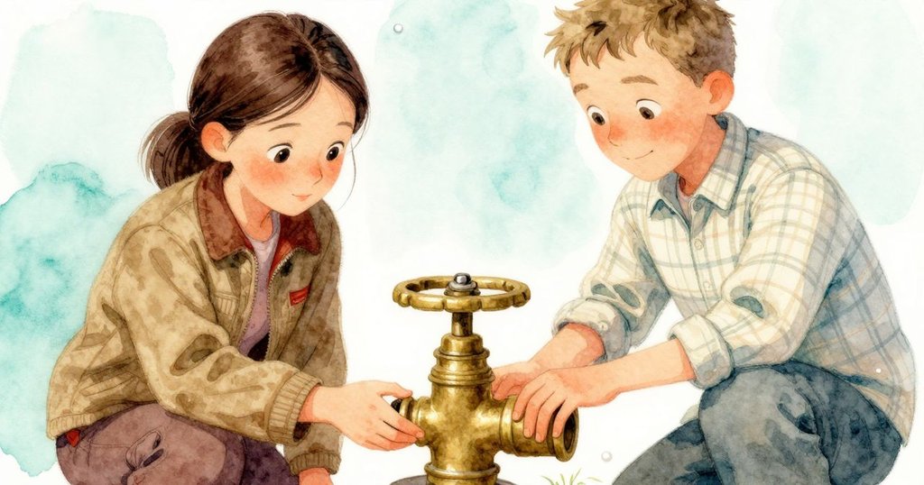 Dinah的手仔細觸摸銅閥上螺旋紋路,光線聚焦在金屬細節,展現歲月痕跡與細膩情感。