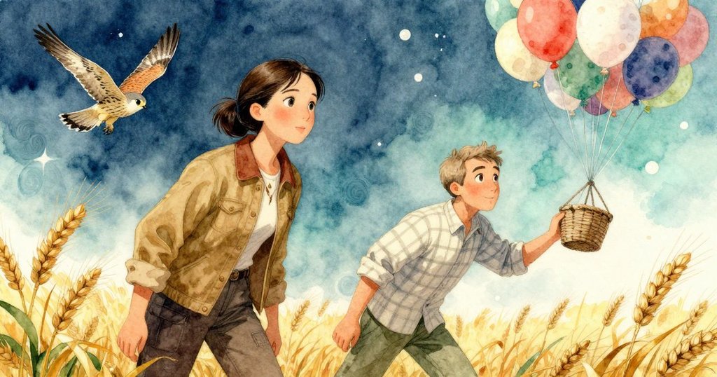 從傾斜角度看到籃子與翱翔的隼,背景大麥田呈現螺旋狀,畫面充滿魔幻與神秘感。