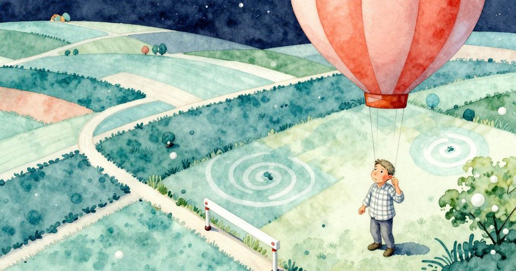 從高處俯瞰籃子及田野,遠處白色柵欄與曲折螺旋路徑交織,Ben靜觀大自然的細膩布局。