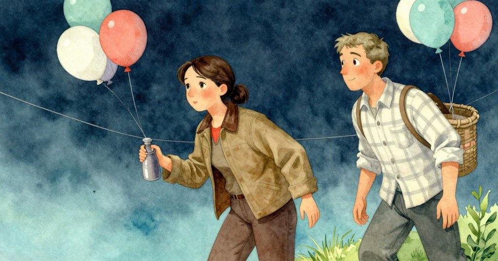 Dinah輕輕邁步離開纜繩,手持水壺沉思,籃子發出微響,Ben在一旁低語,高空與微風中透露著淡淡期待。