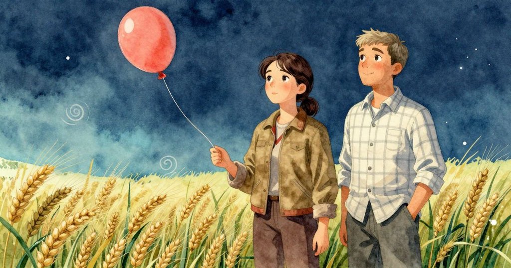 Dinah與Ben並肩而立,籃子在大麥田上方飄蕩,螺旋紋理呼應層疊旅程,黃昏光暈中展現沉思與平靜。