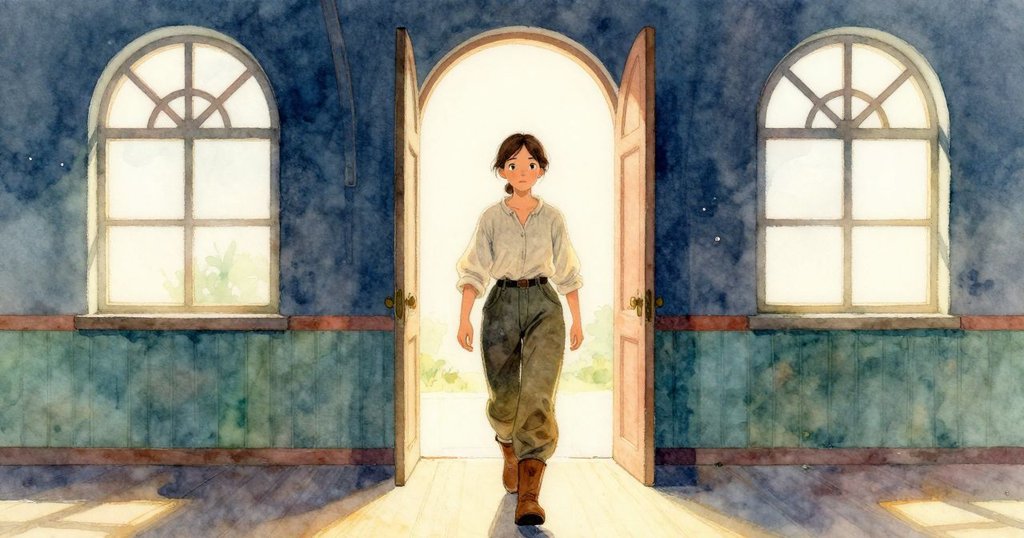 Valda 穿過拱形門走進紙廠,背景溫暖明亮,展示紙桶和廣闊空間,她神情專注