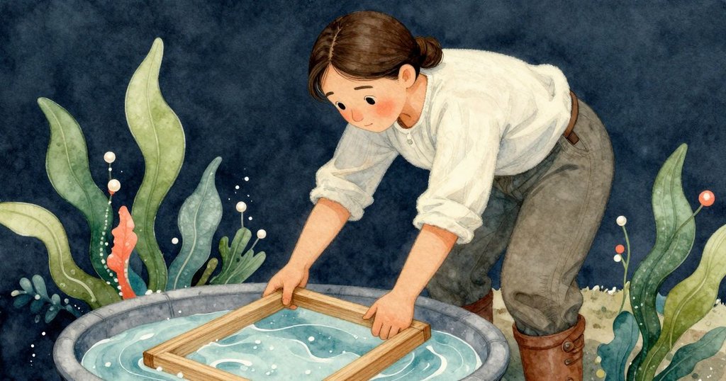 Valda 的手輕放木框入紙漿槽中,特寫顯示細膩木質和濕潤纖維質感,呈現精緻工序