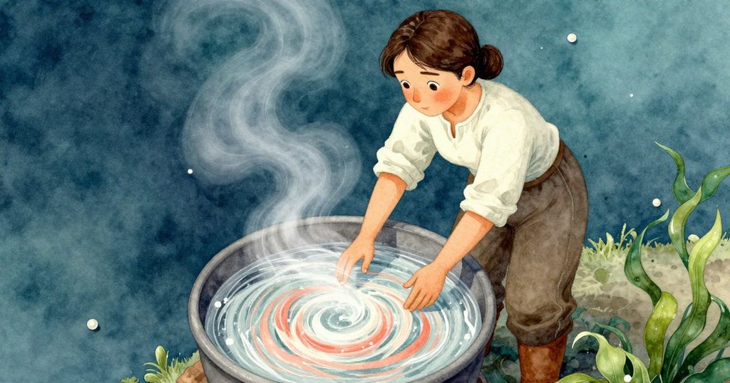 從上方俯瞰Valda在紙漿槽前仔細觀察,環境中纖維旋轉與蒸氣緩緩上升,展現專注神情