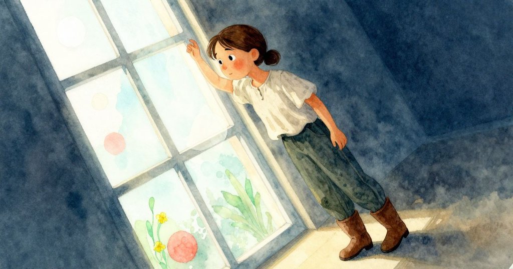 Valda 將木框傾向高窗,紙張部分透出微光,窗外柔和陽光灑落,捕捉她專注的神情