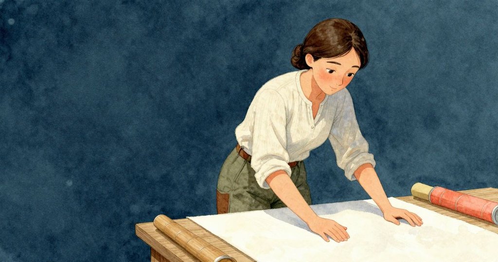 Valda 將濕潤紙張輕輕鋪在毛氈上,環境安靜祥和,水跡滲入布料中呈現創作完成之感