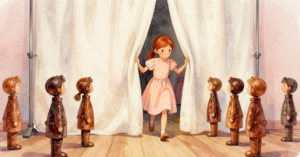 波比穿過純棉屏風進入後台，背景排列整齊的皮革木偶和道具，神情期待，燈光溫暖明亮