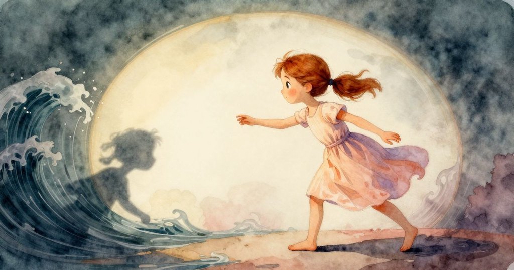 波比操作木偶時，其陰影在緊繃的棉布上扭曲成波浪形狀，光影變幻營造出奇幻夢境感