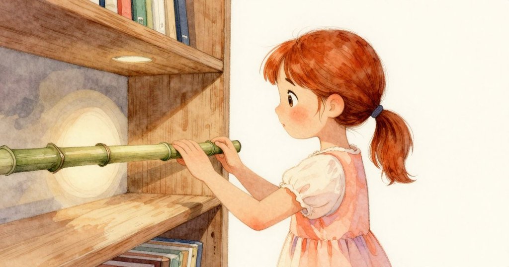 波比在後台另一角落仔細查看偏放橫竹棒，注意到擱板及細微木屑，神情專注且耐心