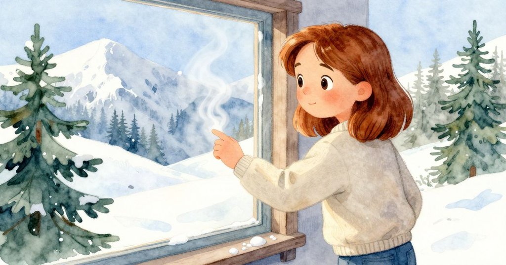 Reese打開玻璃窗迎入山間涼風,窗上蒸氣朦朧,自然光與室內暖光交織,情感滿懷期待