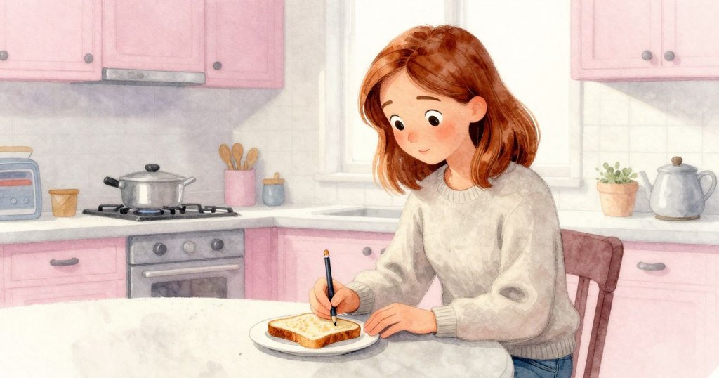 Reese在溫馨廚房內用鉛筆記錄收音日誌,旁邊擺放吐司,燈光柔和,展現家庭日常溫暖情調