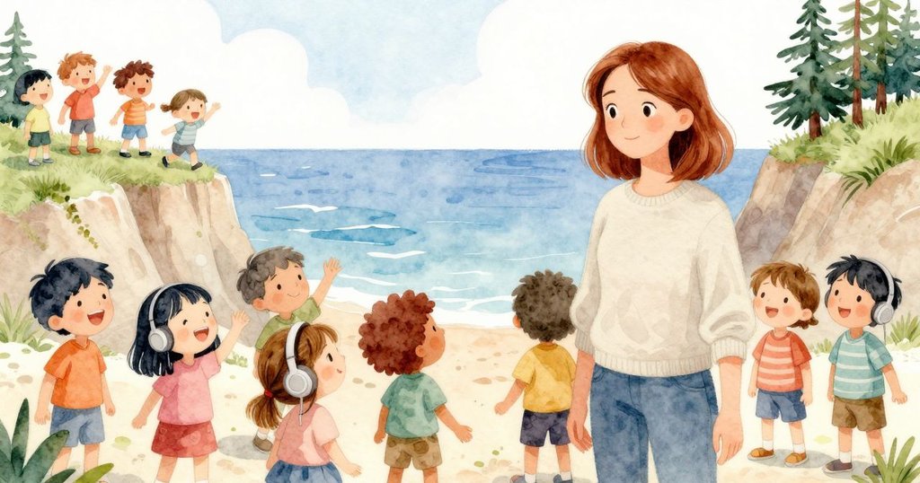 Reese戴上耳機專注聆聽,分畫面顯示海邊孩子們快樂數唱,室內外形成互動,情感豐盈