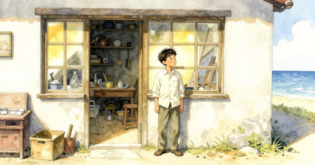 Ned站在陽光映照的老式建築前，透過亮窗看向外面，風中飛絮隨風飄動，透露出家的溫馨。