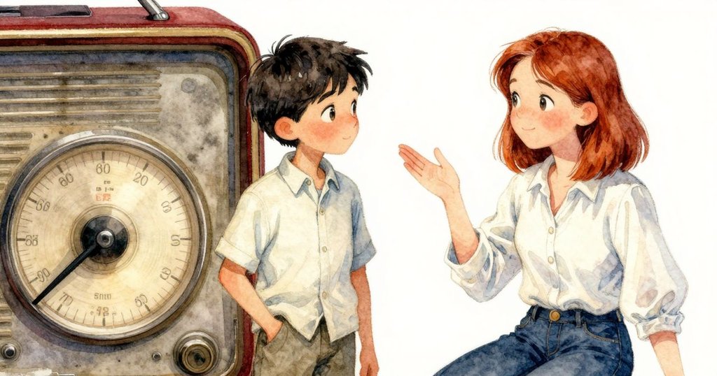 近距離扭曲視角下，Ned的手溫柔轉動老式收音機的旋鈕，指針在溫暖光線中神秘漂移。