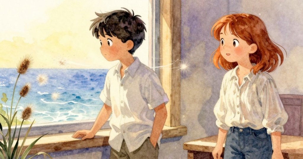 Orla站在窗邊凝望風吹送的飛絮，Ned一旁注視收音機訊號，室內外交織出季節溫馨。