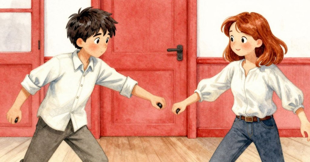 Ned迅速調整收音機旋鈕，Orla靠近注視，室內溫暖燈光下動態模糊展現緊湊追逐氛圍。