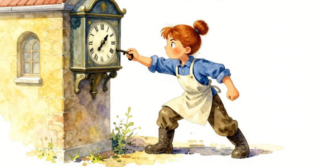 Rosa在古舊鐘樓中轉動鑰匙，面帶驚奇，傾斜構圖展現神秘光影與機械細節