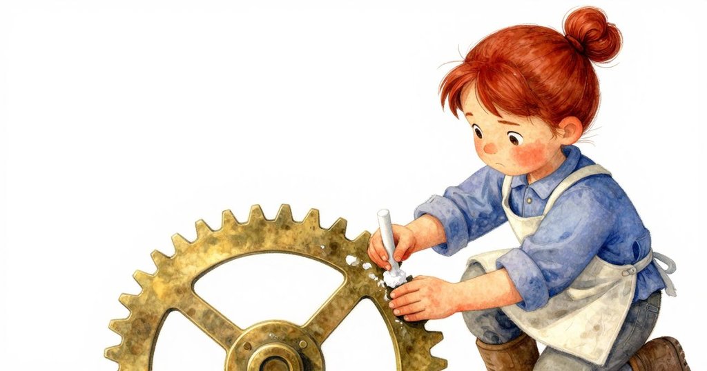 Rosa正專心將粉筆塗抹於齒輪上，細緻動作映襯出機械質感，充滿探索情緒