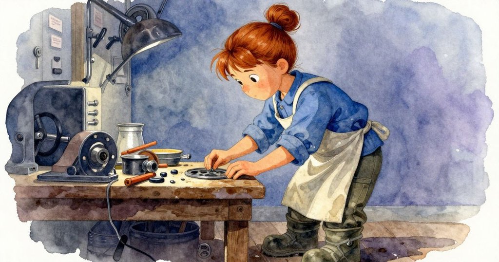 Rosa位於堆滿工具和備件的工作台前，仔細檢查齒輪，畫面多層次展現忙碌修理現場