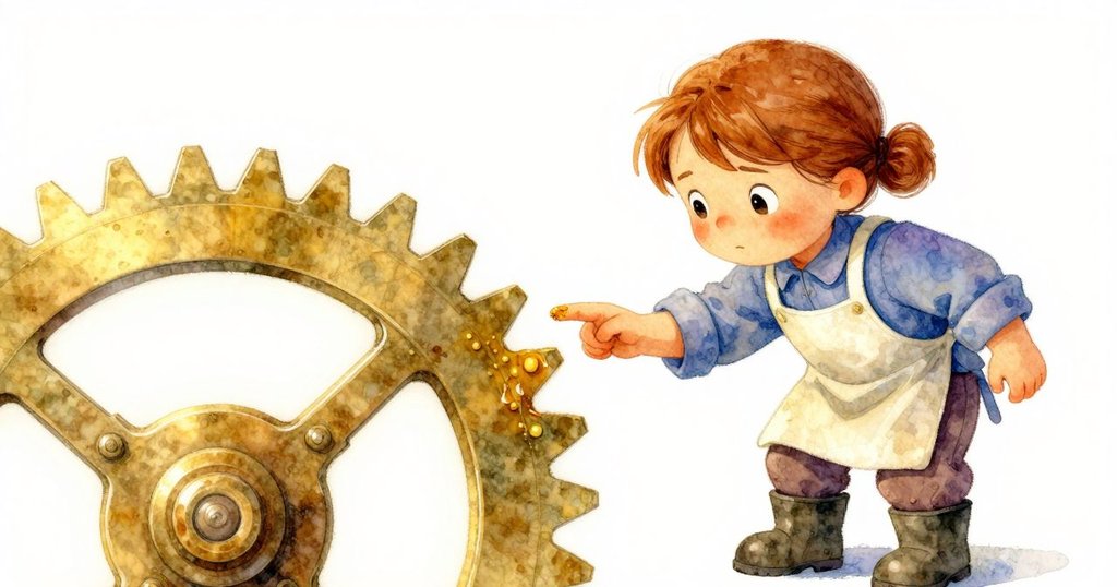 Rosa凝視著透光油膜在銅齒輪上閃爍，如水下光影，細膩光澤引出神秘美感