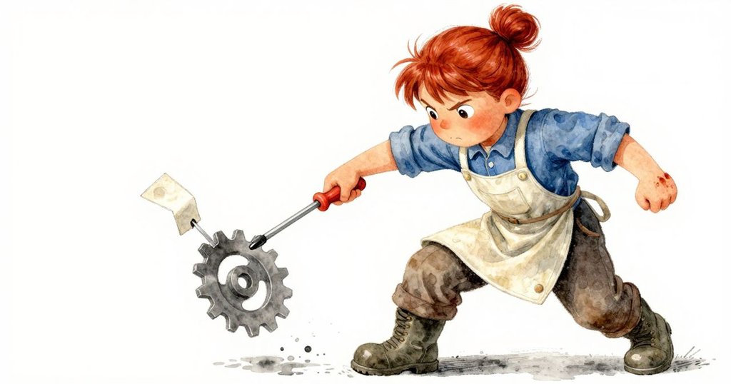 Rosa手持螺絲刀定格在空中，紙標在齒輪上飄動，瞬間凝固充滿緊張與期待