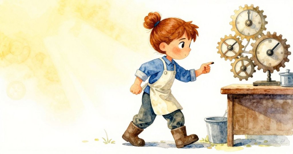 Rosa退後離開工作台，陽光灑落鐘樓內部，齒輪逐漸歸位，寧靜背景中暗示接續未知旅程