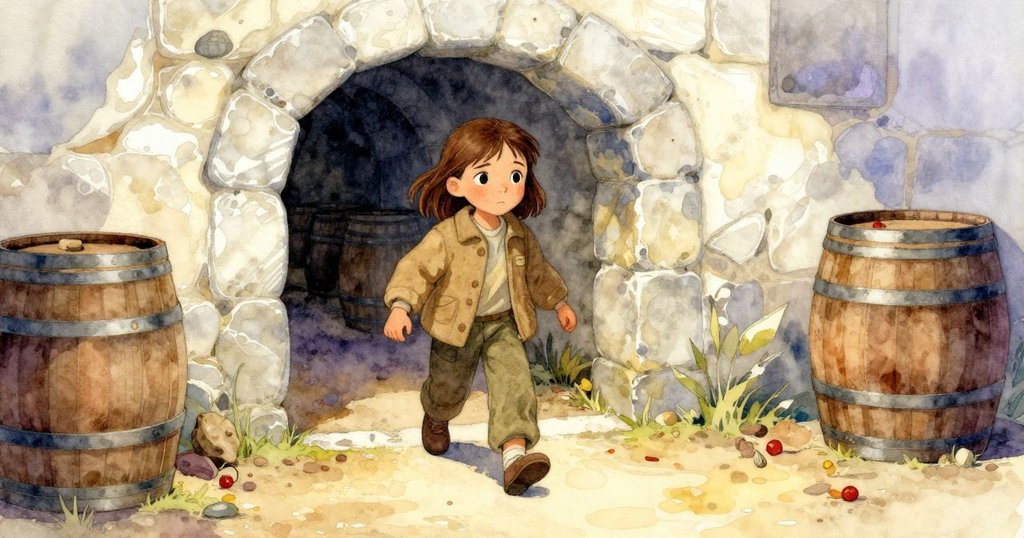 Yvette正小心進入古老地窖，低頭通過石拱門，環境溫暖且神秘，充滿探索情緒