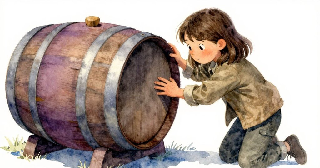 Yvette專注觸摸木桶邊緣，手上有塵土，展現出好奇與決心，背景是古老地窖