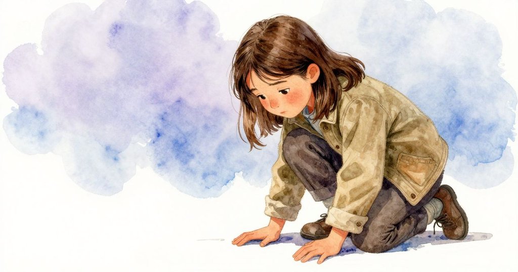 Yvette低頭仔細觀察地面凹痕，柔和懷舊光線中展露沉思表情，顯示探索內心的情感