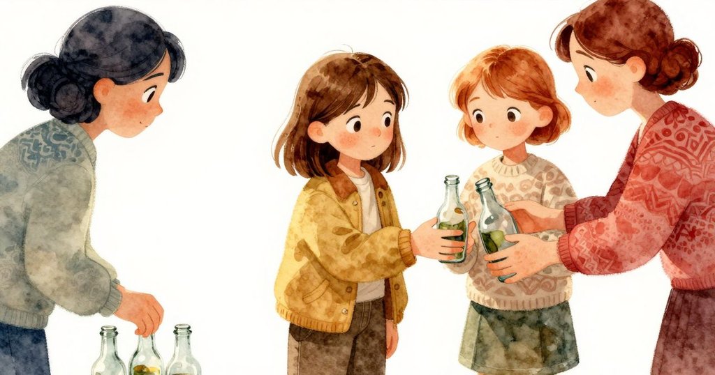 Yvette與Astrid並肩合作疊放玻璃瓶，肩膀輕觸，溫暖燈光中展現默契與支持