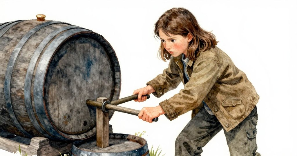 Yvette用槓桿舉起木桶，小心地嵌入松木楔子，成功穩定木桶，背景燈光柔和，充滿成就感