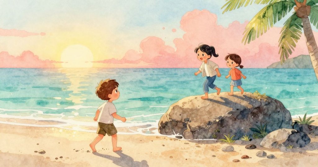 Dashiel與Tatiana在晨光中走向潮池岩石, 他們動作活潑，展現探索與好奇，海邊背景與溫暖光線交織，氣氛愉悅。