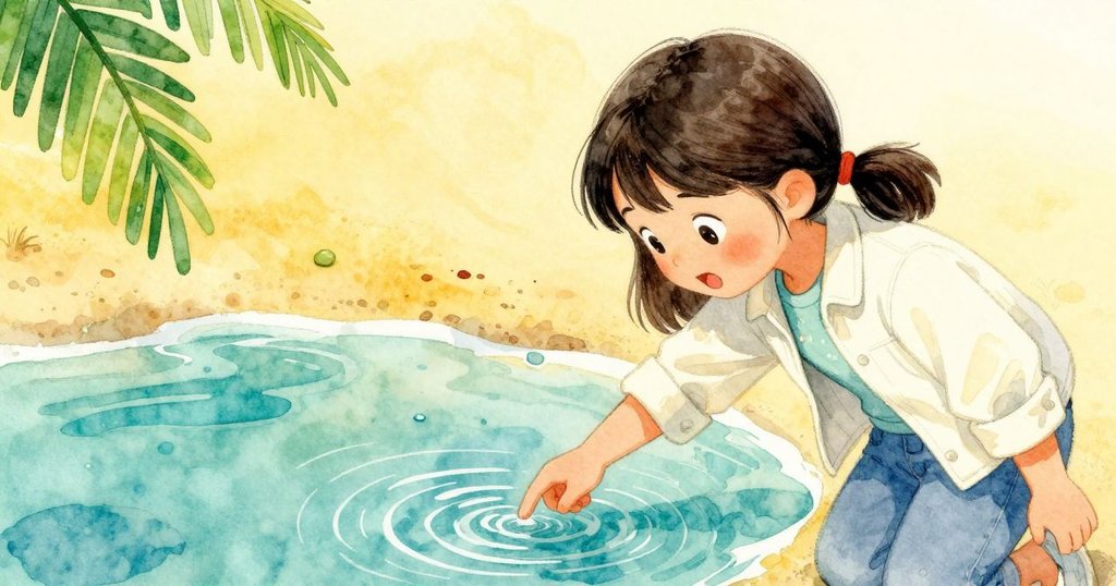 Tatiana輕觸潮池水面, 微距展現環狀漣漪與海葵搖曳, 畫面細膩呈現自然奧秘與生命律動。