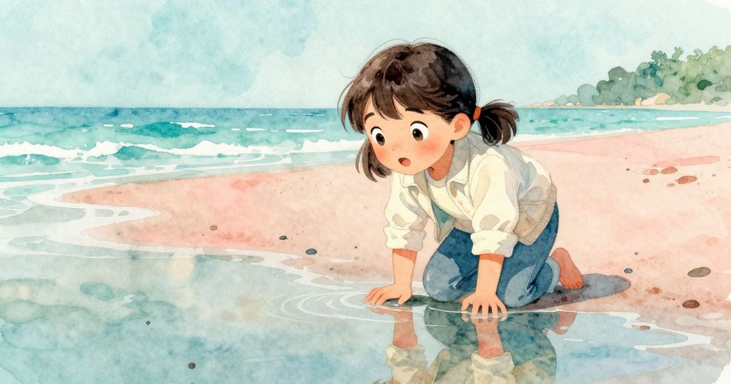 Tatiana靜靜凝視水中倒影, 表情沉思而溫柔，浪面映出岩石紋理與周遭自然色彩，場景充滿靜謐之美。