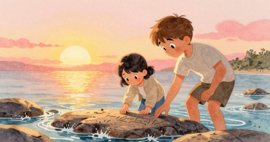 Tatiana與Dashiel在夕陽下細察岩石刻痕, 水流輕瀉過刻紋，畫面流露探索與共鳴，夕光營造柔美氛圍。