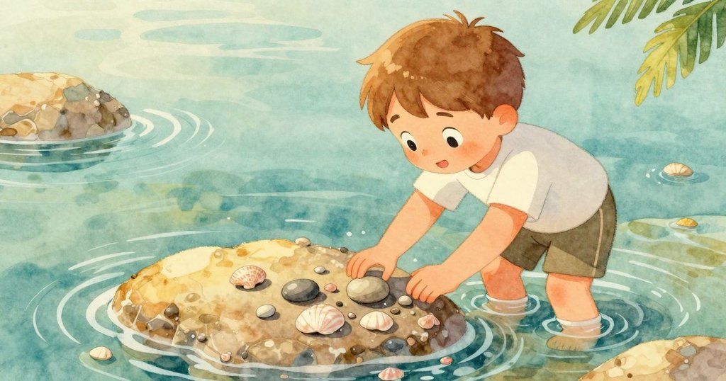 Dashiel伸手觸摸岩石上光滑卵石, 水面隨之泛起漣漪，貝殼輕微搖晃，細節豐富展現自然反應。