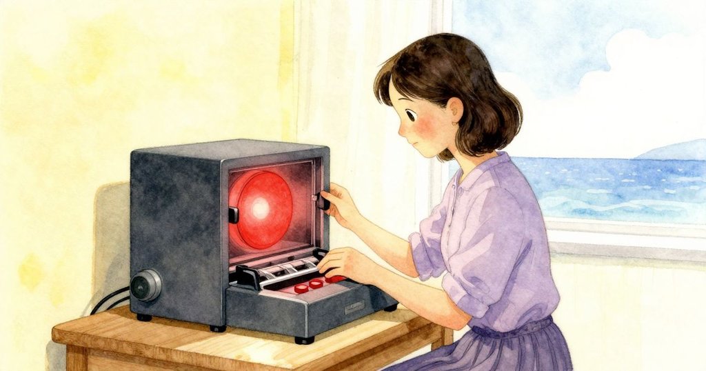 冬天在暗房中調整放大機,紅色燈光映襯木凳與設備,動作專注,場景靜謐