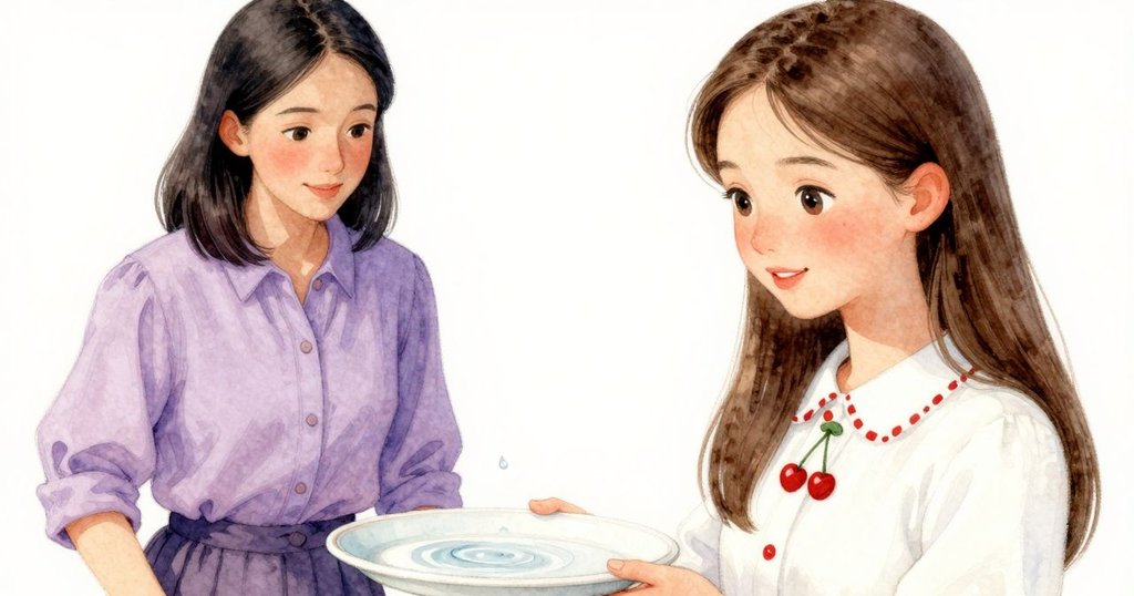 近距離展示瓷盤上水滴落下,冬天的手在竹把附近輕觸,細節豐富,氛圍柔和