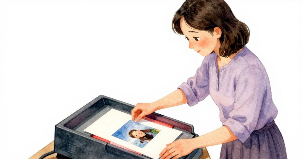 從上方俯視,冬天正小心把照片紙放入托盤,設備與木凳一覽無遺,動作專注