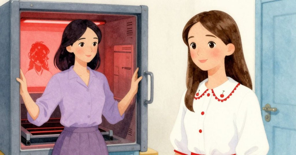 雙重印相在托盤上顯現,一個醒目一個纖細,露西婭悄然進入暗房,氛圍神秘對比