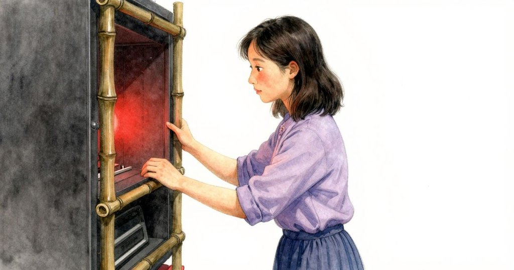 冬天停在竹把前,凝視著有節奏的水滴,表情沉思,內心掙扎透過動作展現