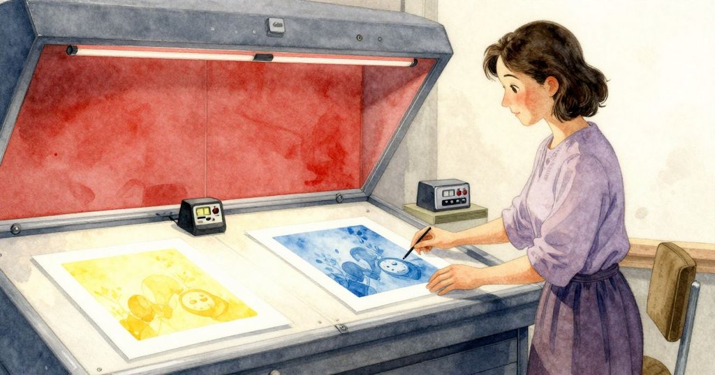 全景展示暗房,冬天手持雙印盤,計時器靜止,背景隱約透出走廊音樂,畫面達到平靜結局