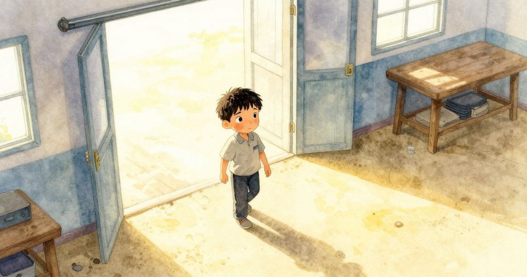 克魯斯從滑動門進入充滿沙地的作坊,俯視角展現寬廣室內,晨光柔和,神秘而充滿期待