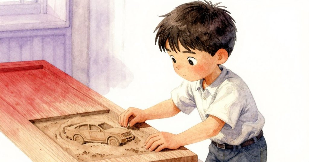 克魯斯仔細觸摸工作台上橡木模具,沙上刻痕清晰,動作輕柔,神情專注於微妙變化