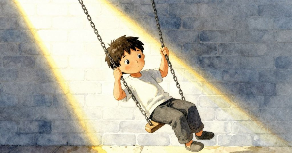 不規則動作的無標記鉤子懸掛擺動,明亮陽光穿透屋頂照亮磚牆,空間呈現超現實幾何效果