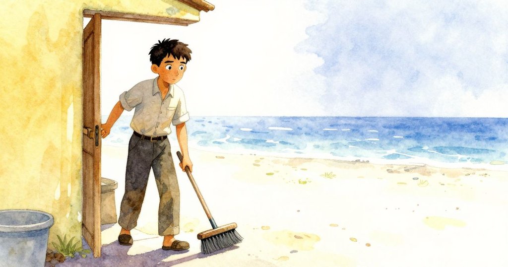 克魯斯離開作坊,繞過門旁破舊絲刷,迎向強烈戶外光線,步伐堅定,象徵轉變與新開始